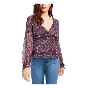Q+A Los Angeles Womens Purple Floral Long Sleeve V Neck Blouse Top